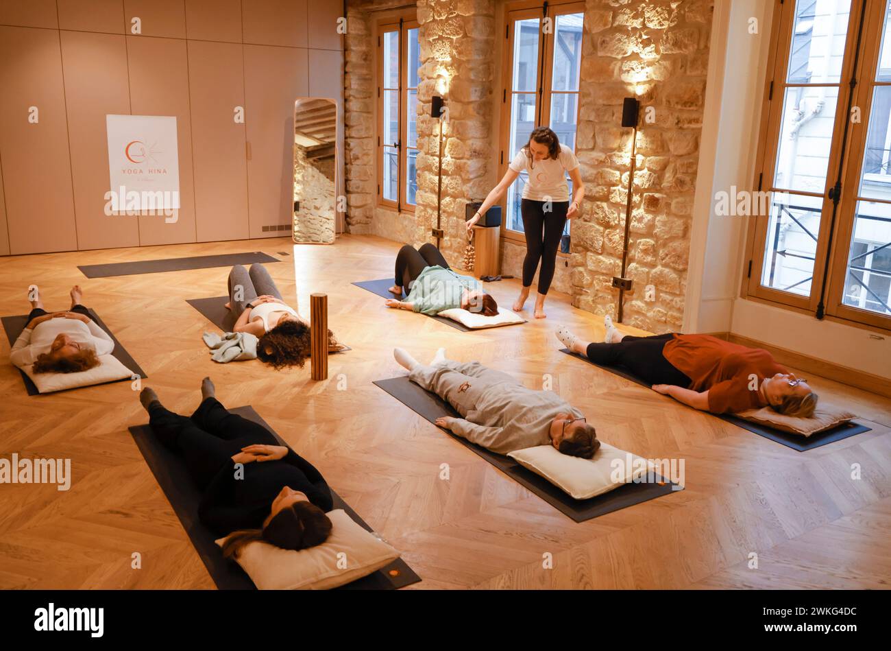 WELPEN-YOGA IN PARIS Stockfoto