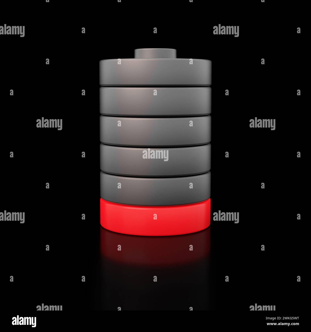 Anzeige für niedrigen Akkustand auf schwarzem Hintergrund. 3D-Rendering. Stockfoto