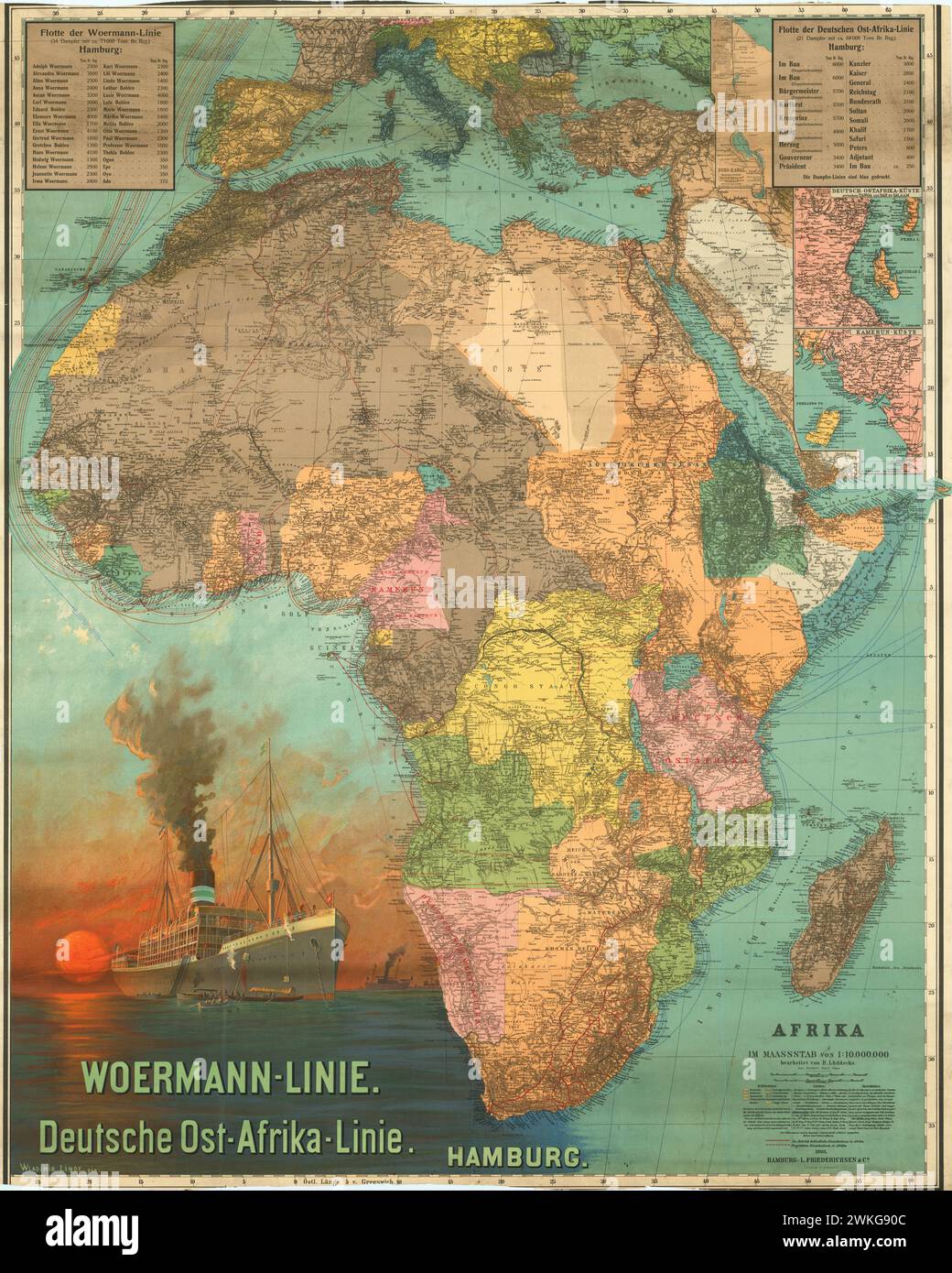 Vintage-Poster-Karte, Woermann-Linie. Deutsche Ost-Afrika-Linie. 1902. Kartographisches Poster Afrikas, das das politische Layout unmittelbar nach dem Burenkrieg zeigt Stockfoto