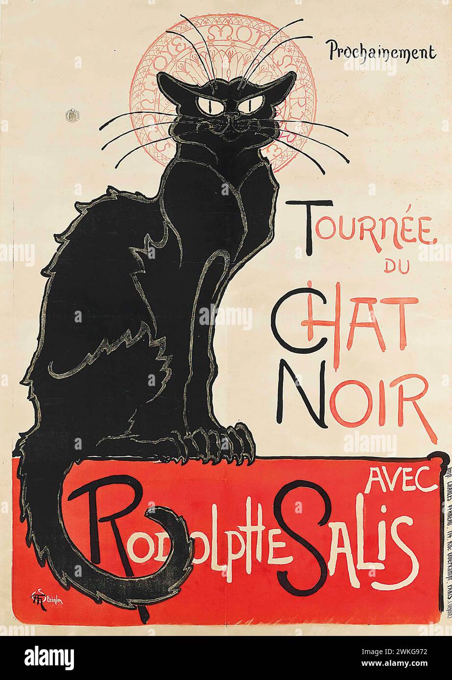 Vintage-Poster Tournée du Chat Noir, die „Black Cat Tour“ mit Rodolphe Salis. Kunst von Théophile Alexandre Steinlen, 1896. Stockfoto