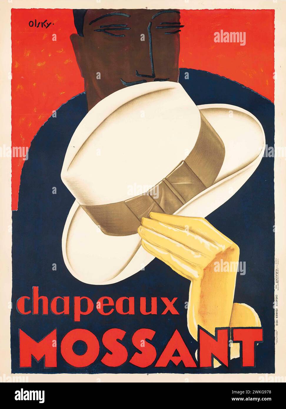 Französisches Vintage-Werbeplakat für Mossant-Hüte, Olsky 1928 Stockfoto