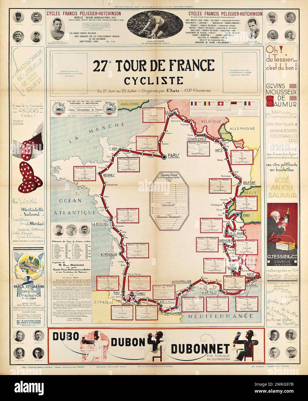Vintage-Reiseplakat für die 27. Tour de France. Mit Karten und Werbung. 1930er Jahre Stockfoto