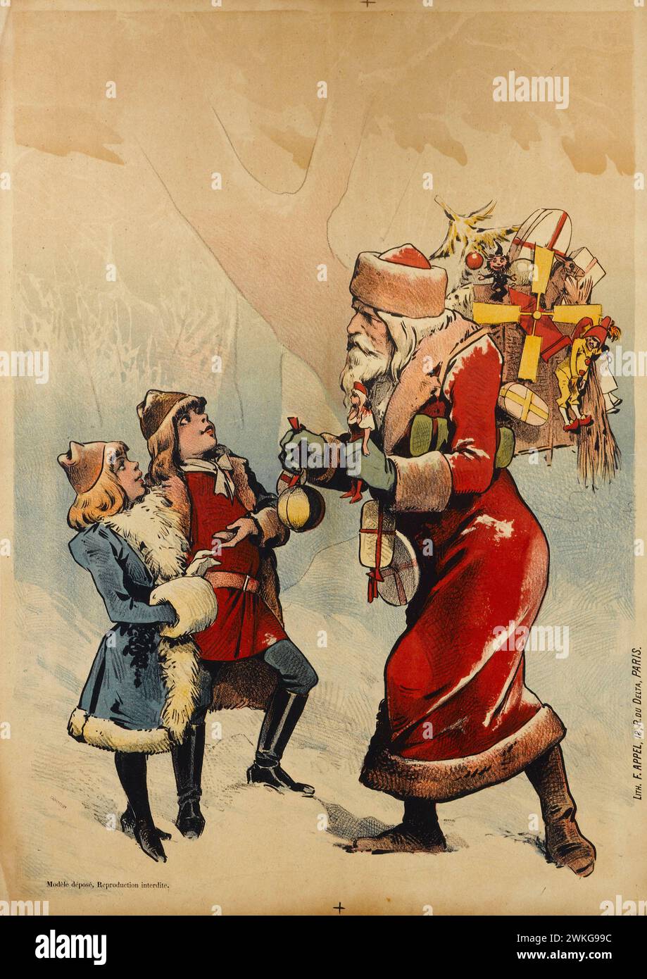 Vintage-Poster Santa Claus und die zwei Kinder Drucker: A. Appel. "Le Père Noël et deux enfants". F.Appel 1890s Stockfoto