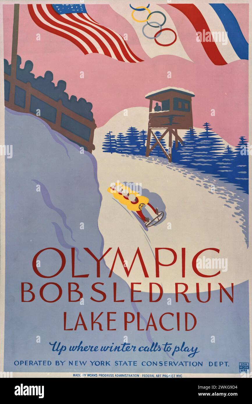 Vintage Sport Travel Poster für die Olympische Bobbahn am Lake Placid Stockfoto