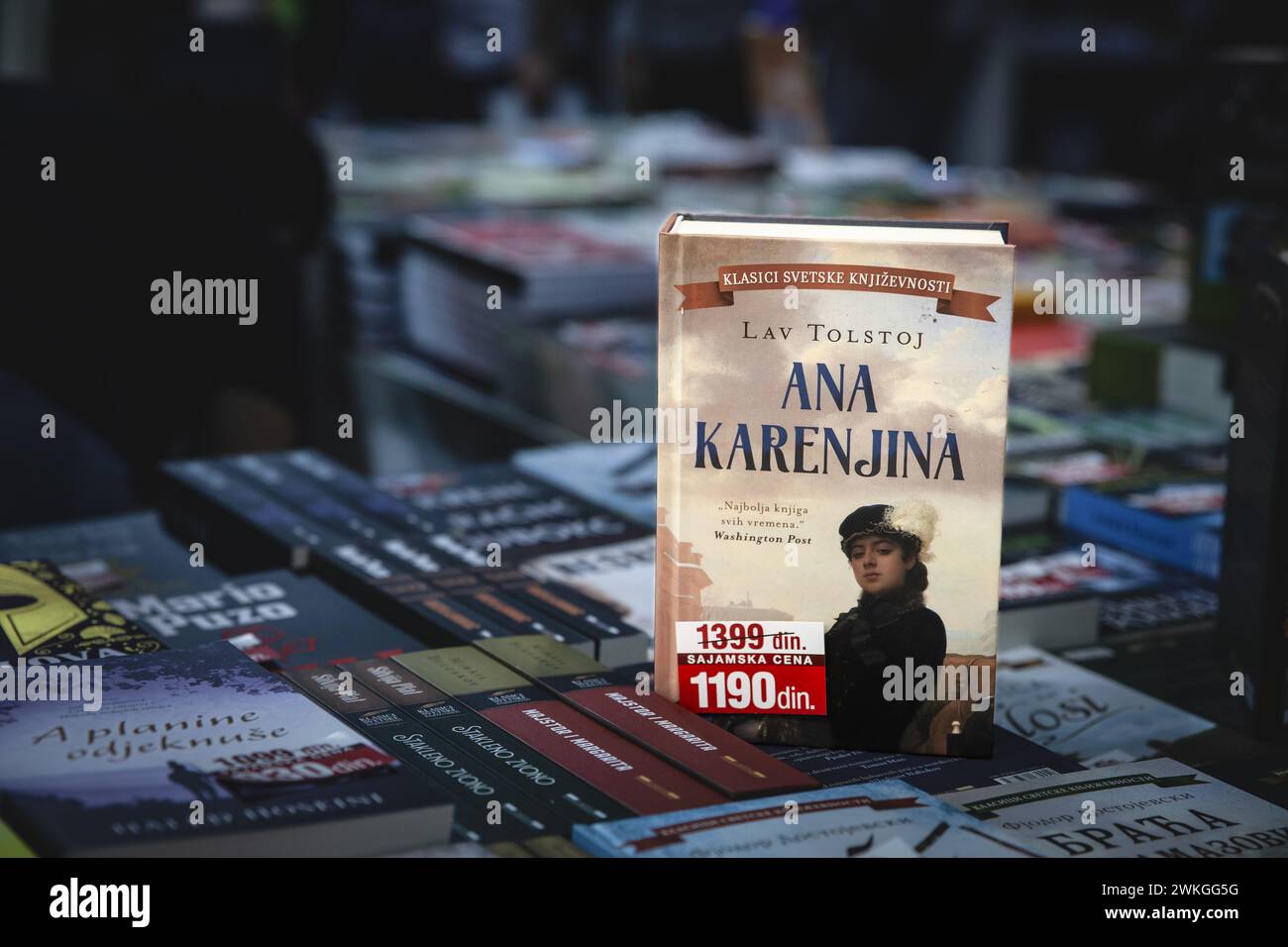 Bild von reichlich Bucheinband von Ana Karenina von Leo Tolstoi in einem Regal eines Buchladens in Belgrad, Serbien. Anna Karenina ist ein Roman der Russ Stockfoto