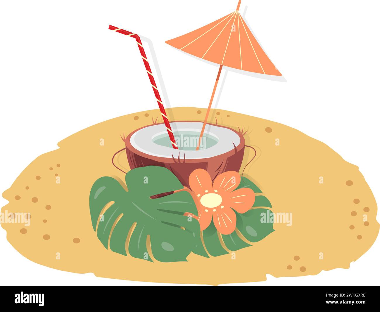 Halbe Kokosnuss mit Getränk, Cocktailstroh und Regenschirm, Blumen und Monstera-Blätter auf einer Sandinsel. Isolieren. EPS. Vektor-Design-Konzept für Karten, Poster, Banner, Broschüren, Preisschilder oder Web Stock Vektor