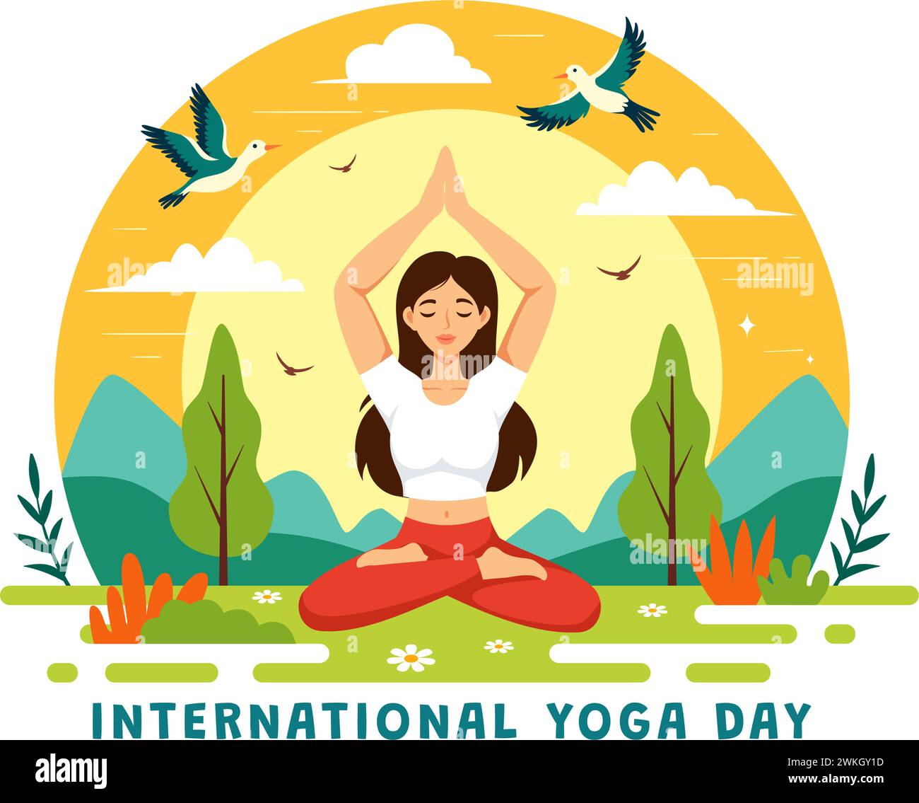 Internationaler Yoga-Tag Vektor-Illustration am 21. Juni mit Frau, die Körperhaltung Praxis oder Meditation im Healthcare Flat Cartoon Hintergrund tut Stock Vektor