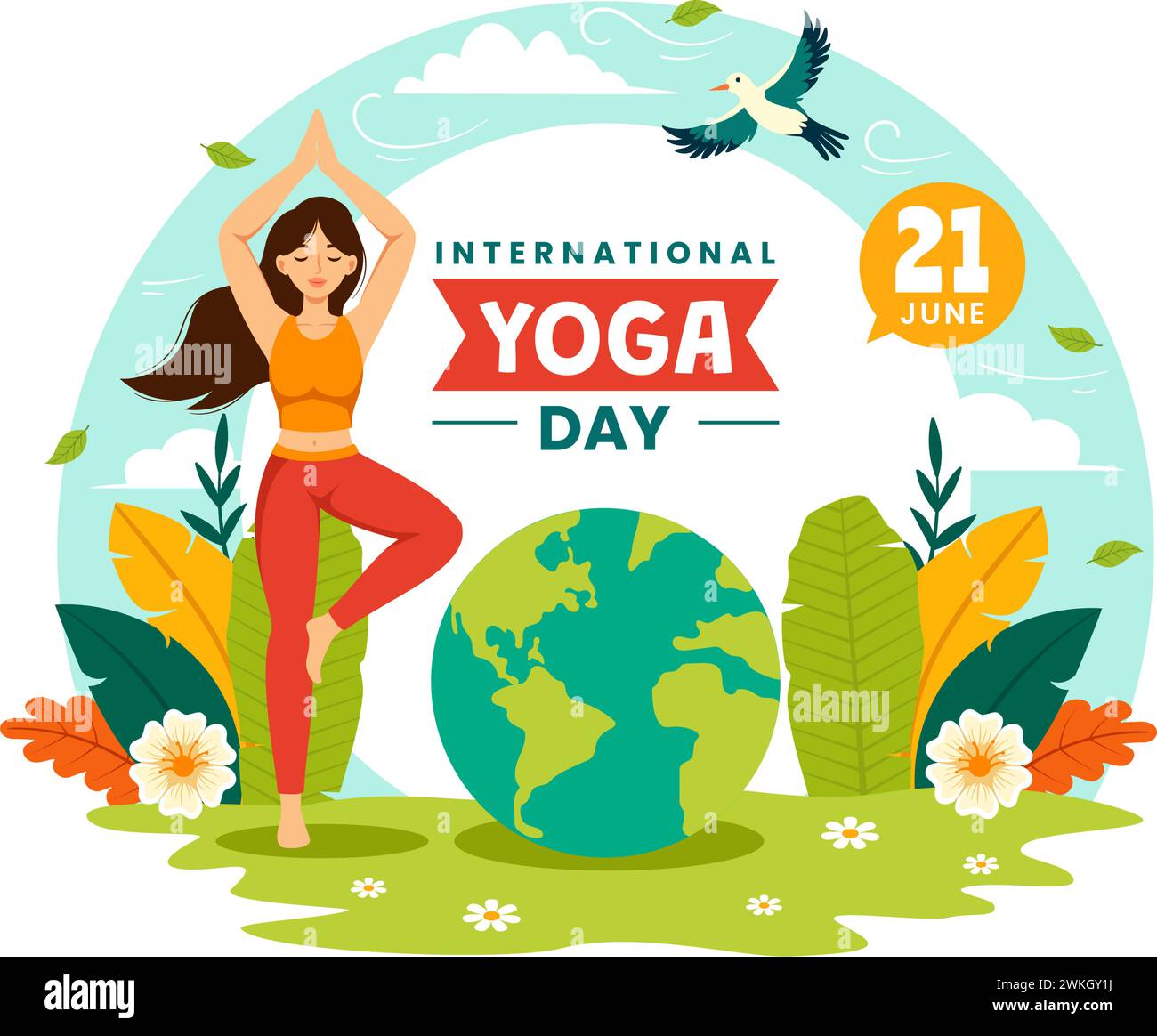 Internationaler Yoga-Tag Vektor-Illustration am 21. Juni mit Frau, die Körperhaltung Praxis oder Meditation im Healthcare Flat Cartoon Hintergrund tut Stock Vektor