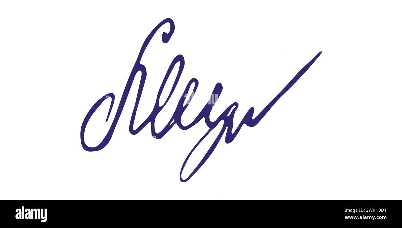 Gefälschte Signatur, handgezeichnetes Muster, eigenes Autogramm. Fiktive handschriftliche Unterschrift. Blaue Tintenfarbe. Scribble für Musterverträge Dokumente Zertifikate oder Briefe. Vektorabbildung. Stock Vektor
