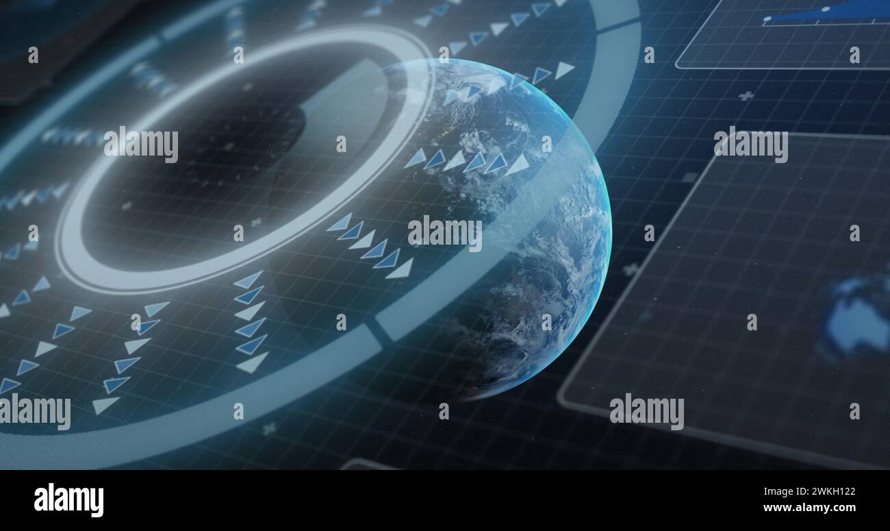 Bild von Oszilloskopen, die über blaues Gitter mit dem Planeten Erde scannen Stockfoto