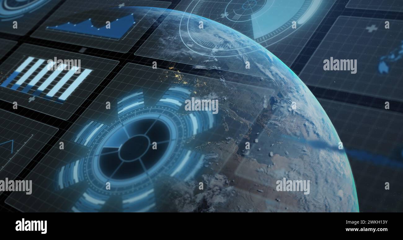 Bild von Oszilloskopen, die über blaues Gitter mit dem Planeten Erde scannen Stockfoto