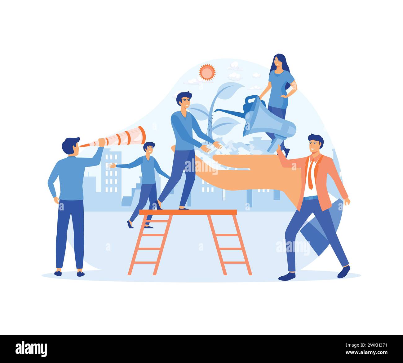 Die Menschen bereiten sich auf den Urlaub vor, retten den Planeten vor Verschmutzung, Weltumwelttag, Biotechnologie, in der großen Hand die Erde mit einer Pflanze. Flach ve Stock Vektor