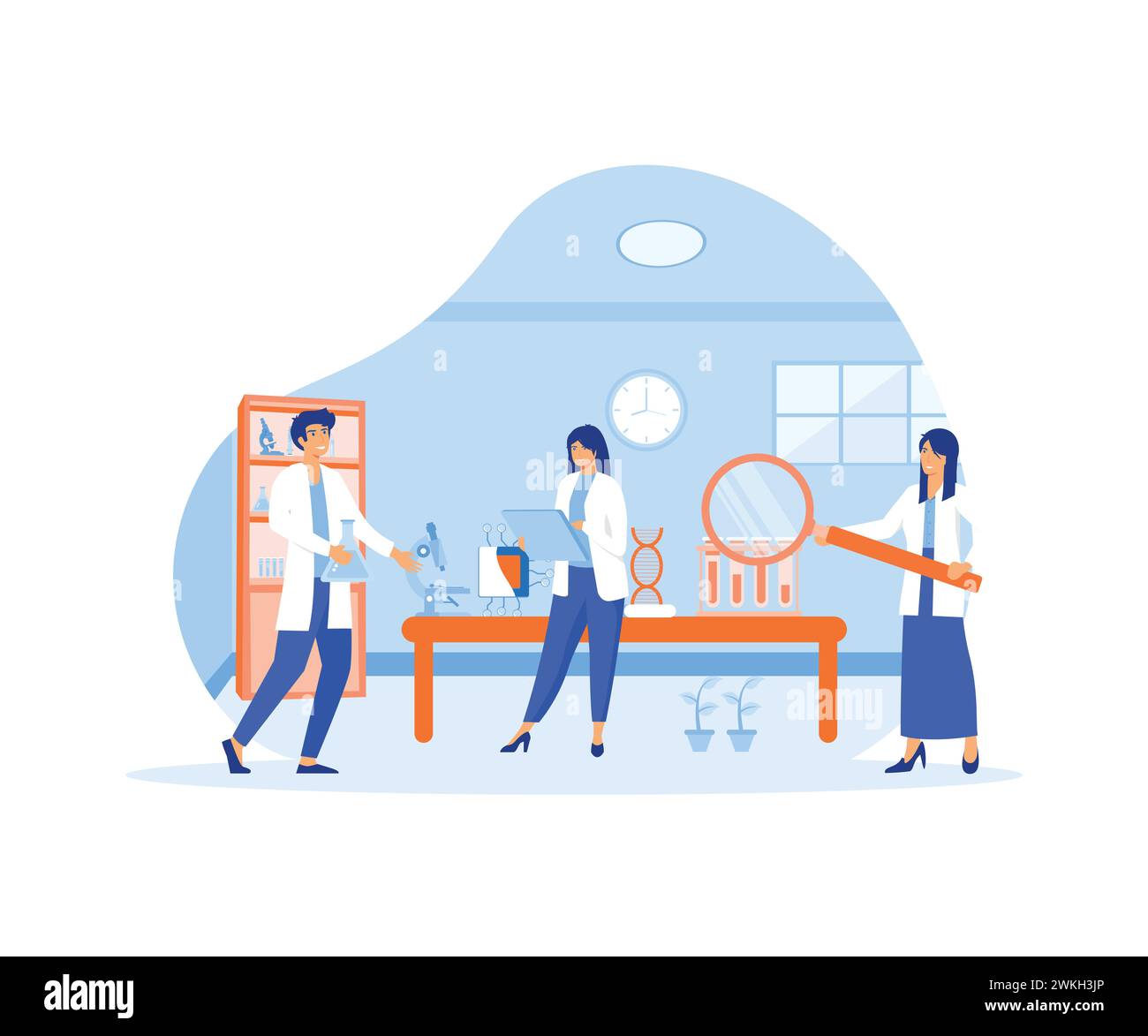 Biotechnologie oder Biotechnologie DNA-Forschung biologische und chemische Experimente unter Verwendung der Gentechnologie im Labor. Flachvektor Moderne Illustraten Stock Vektor