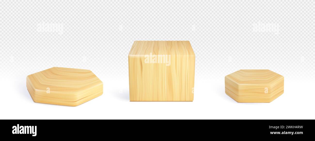 3D-Satz Holzplattformen isoliert auf transparentem Hintergrund. Vektor-realistische Illustration von Würfel- und sechseckförmigem Holzpodium für Produktpräsentation, Preisstand, Muster aus natürlichem Material Stock Vektor