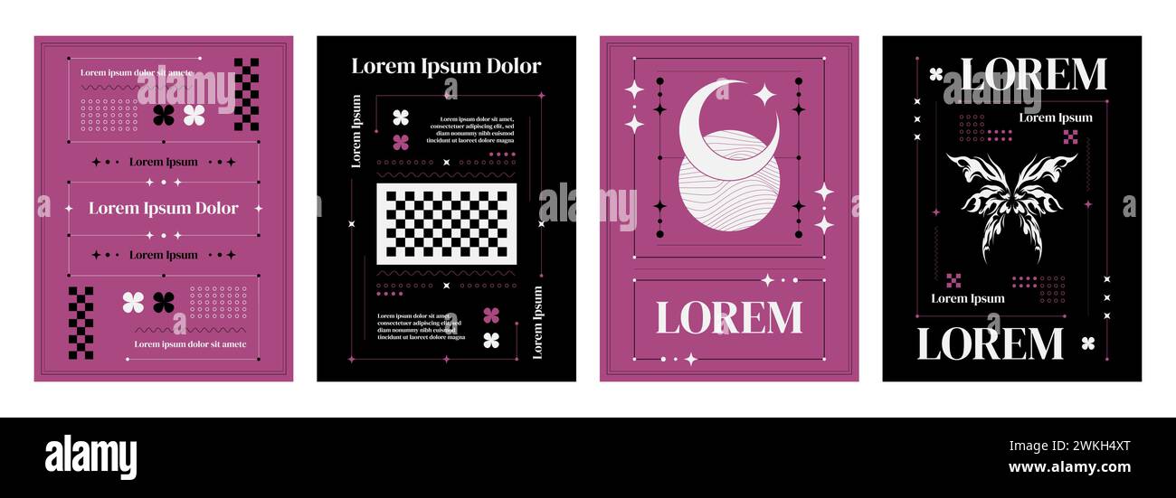 Posterschablone im y2k-Stil mit schlichtem Rahmen und einfacher Form, glitzernden und Mondaufklebern, abstraktem Neo-Tribal-Schmetterlingselement und Typografie. Vektorsatz mit minimalem Banner- oder Cover-Design-Layout. Stock Vektor