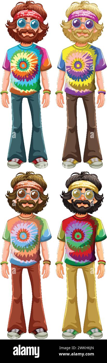 Vier Vektorfiguren in lebendiger 70er-Kleidung. Stock Vektor