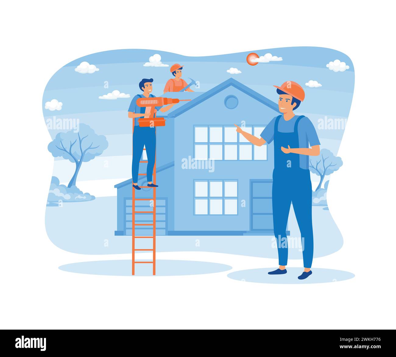 Hausrenovierung. Arbeiter, die das Dach reparieren. Baugruppe, Dachdecker, Vorarbeiter. Moderne Illustration des flachen Vektors Stock Vektor