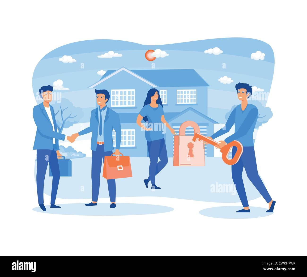 Leute, die ein Haus kaufen, Hausschlüssel, Schutz und Sicherheit, Immobilien und schlüsselfertige Vermietung. Moderne Illustration des flachen Vektors Stock Vektor