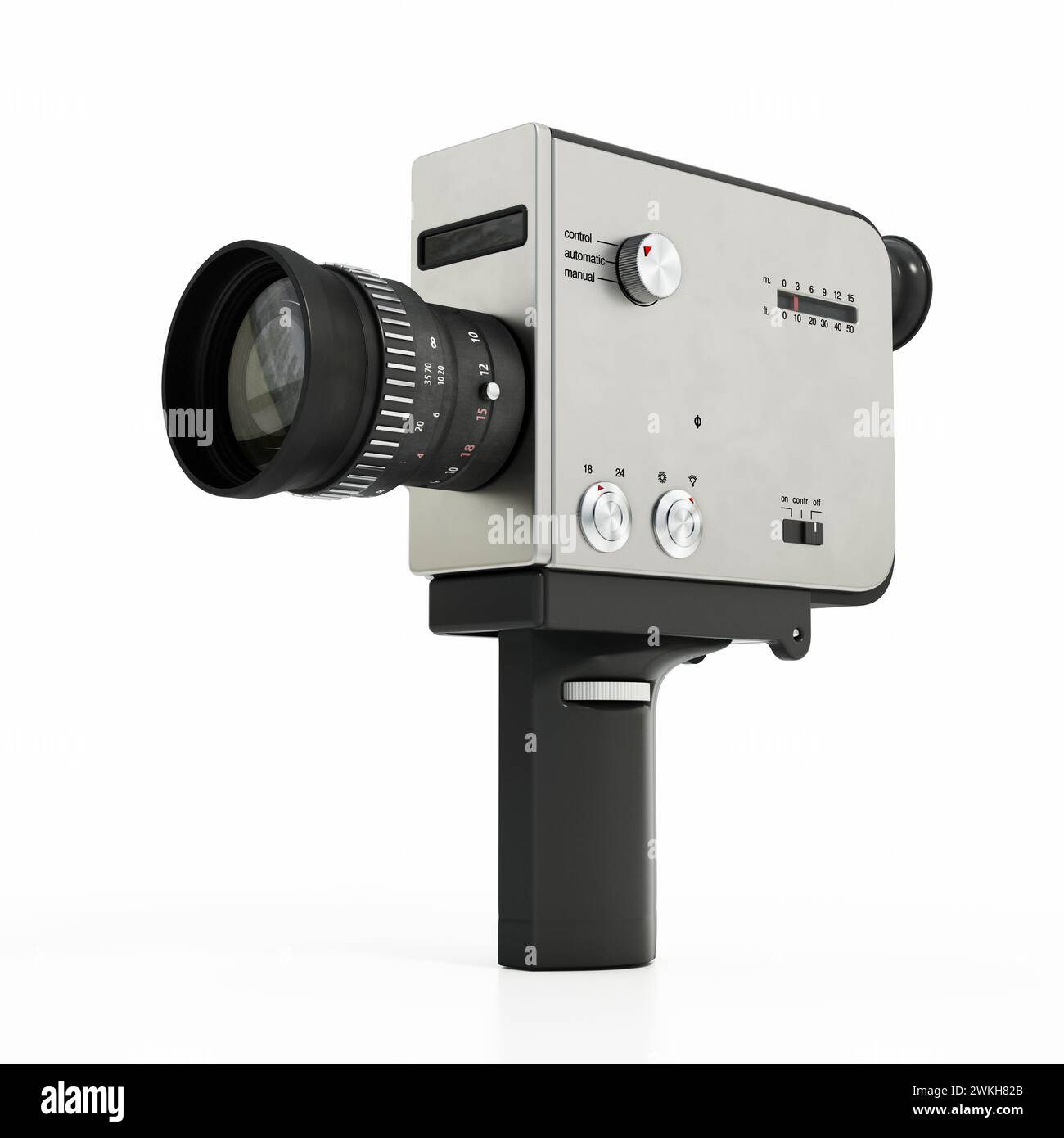 Antike Super 8-mm-Film-Videokamera isoliert auf weißem Hintergrund. 3D-Abbildung. Stockfoto Antike Super 8-mm-Film-Videokamera isoliert auf weißem Hintergrund. 3D-Abbildung. Stockfoto