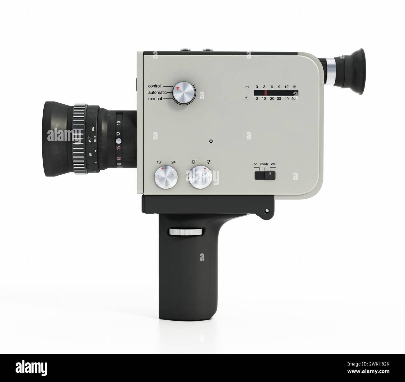 Antike Super 8-mm-Film-Videokamera isoliert auf weißem Hintergrund. 3D-Abbildung. Stockfoto Antike Super 8-mm-Film-Videokamera isoliert auf weißem Hintergrund. 3D-Abbildung. Stockfoto