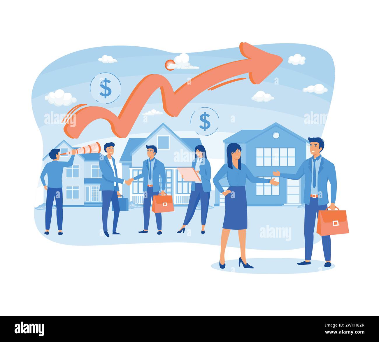 Immobilientransaktionen und Wertsteigerungen von Immobilien. Die Leute verkaufen Immobilien und kaufen Häuser und Hütten. Moderne Illustration des flachen Vektors Stock Vektor