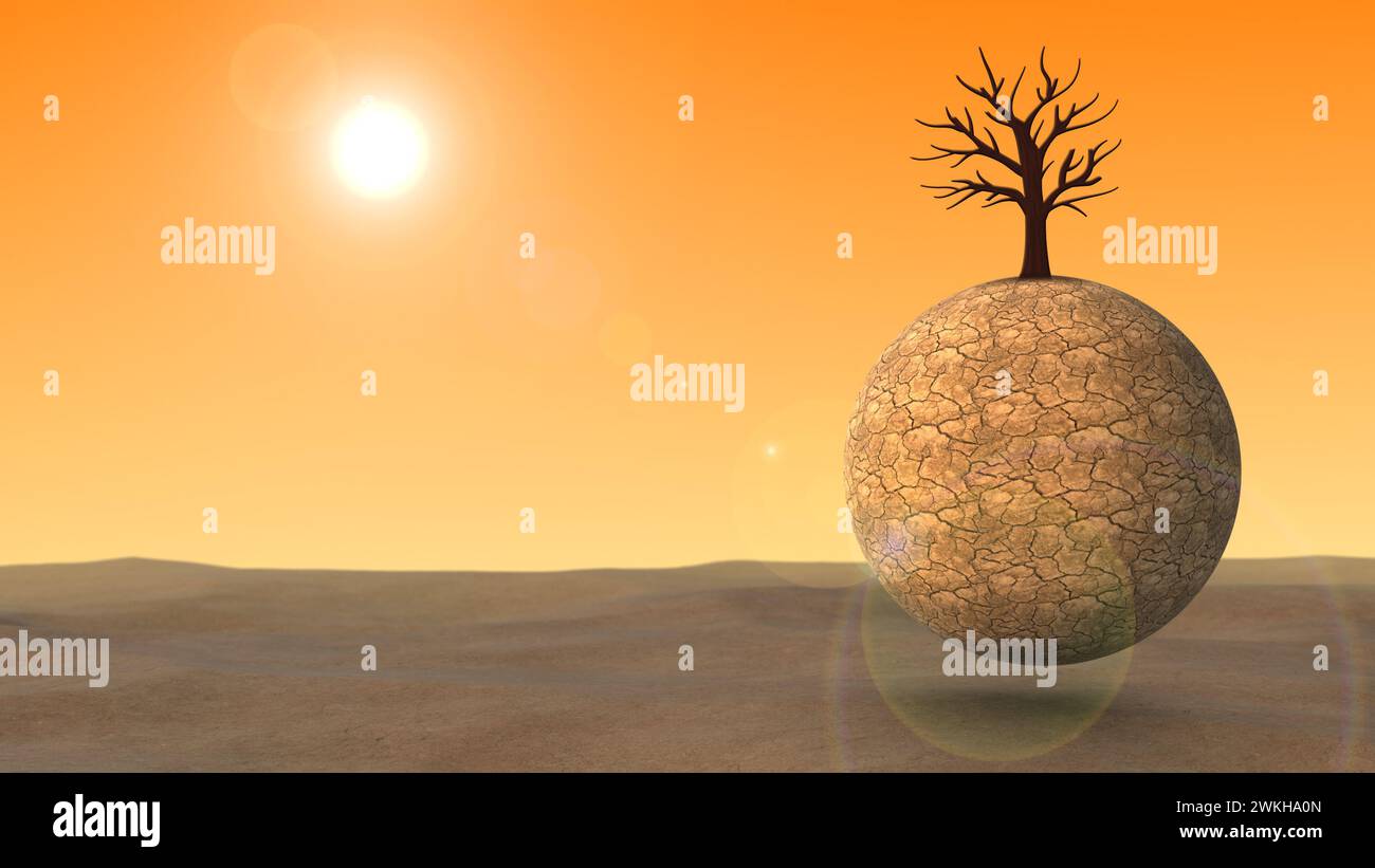 Klimawandel, trockene und zerrissene Globe im Dessert mit Sonne Stockfoto