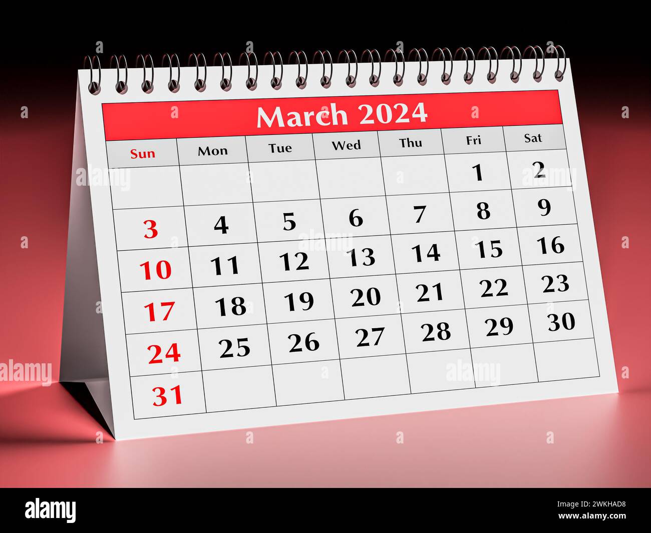 März 2024-Kalender. Eine Seite des jährlichen Business Desk-Monatskalenders im Frühjahr Stockfoto