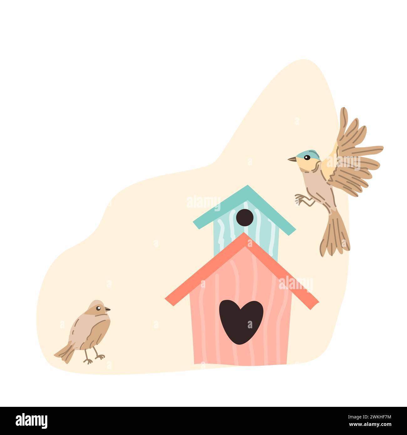 Frühlingsvögel und Vogelhaus auf pfirsichfarbenem Hintergrund für Grußkarte, Cover Design. Vektordarstellung isoliert. Kann für Tapeten, Poster, Druckdesign für Stoffe verwendet werden. Stock Vektor