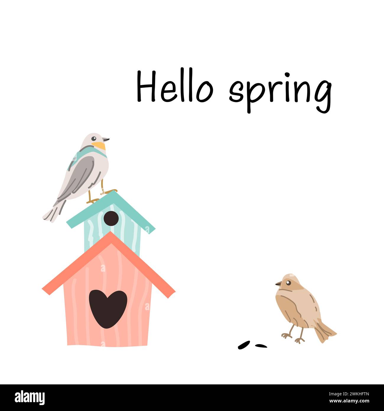 „Hello Spring“-Schriftzug und Vogelhaus mit Vogelkarte, Cover-Design. Vektordarstellung isoliert. Kann für Tapeten, Poster, Druckdesign für Stoffe verwendet werden. Stock Vektor