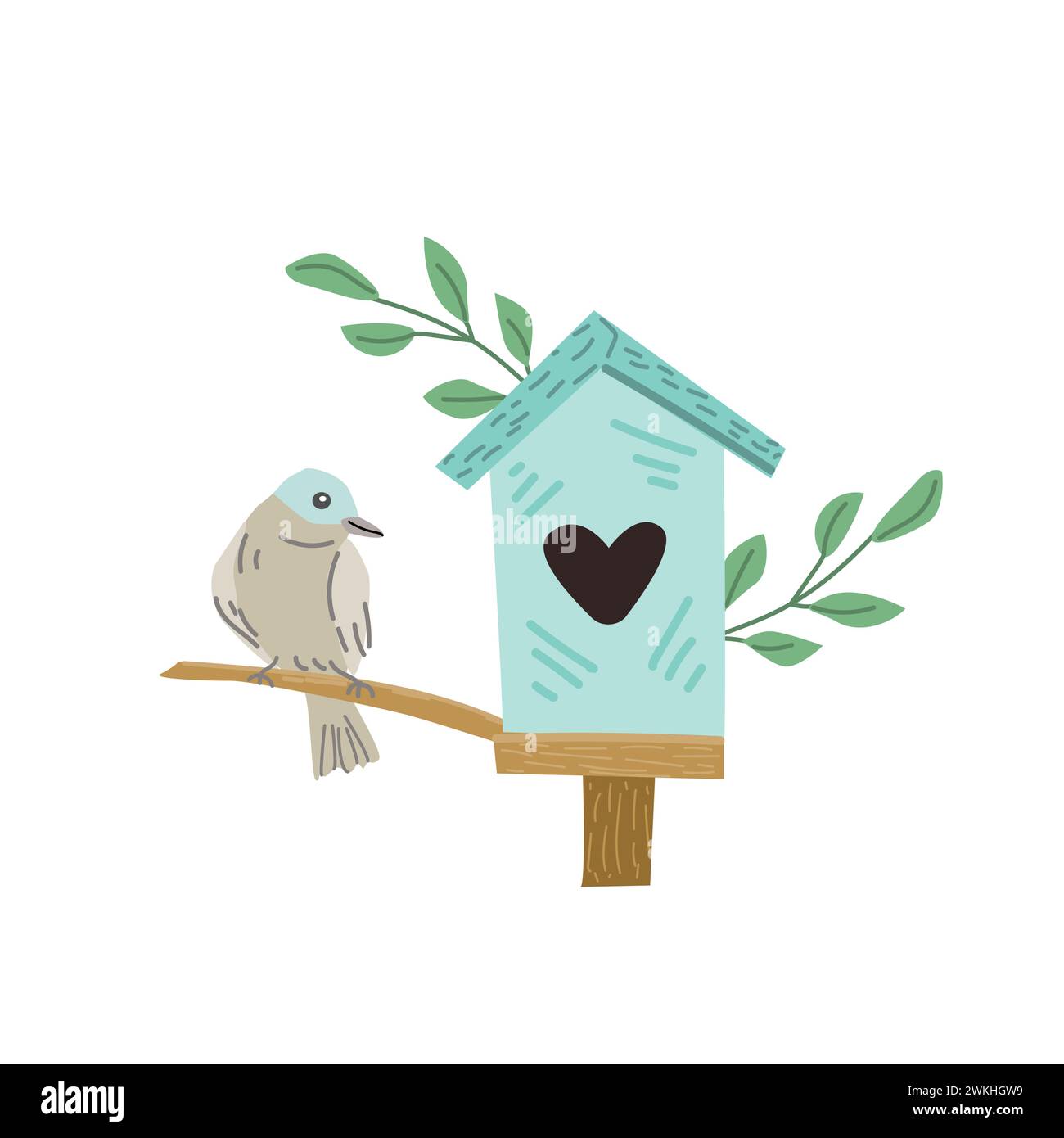 Frühlingsvogel und blaues Vogelhaus für Grußkarte. Vektordarstellung isoliert. Kann für Tapeten, Poster, Druckdesign für Stoffe verwendet werden. Stock Vektor