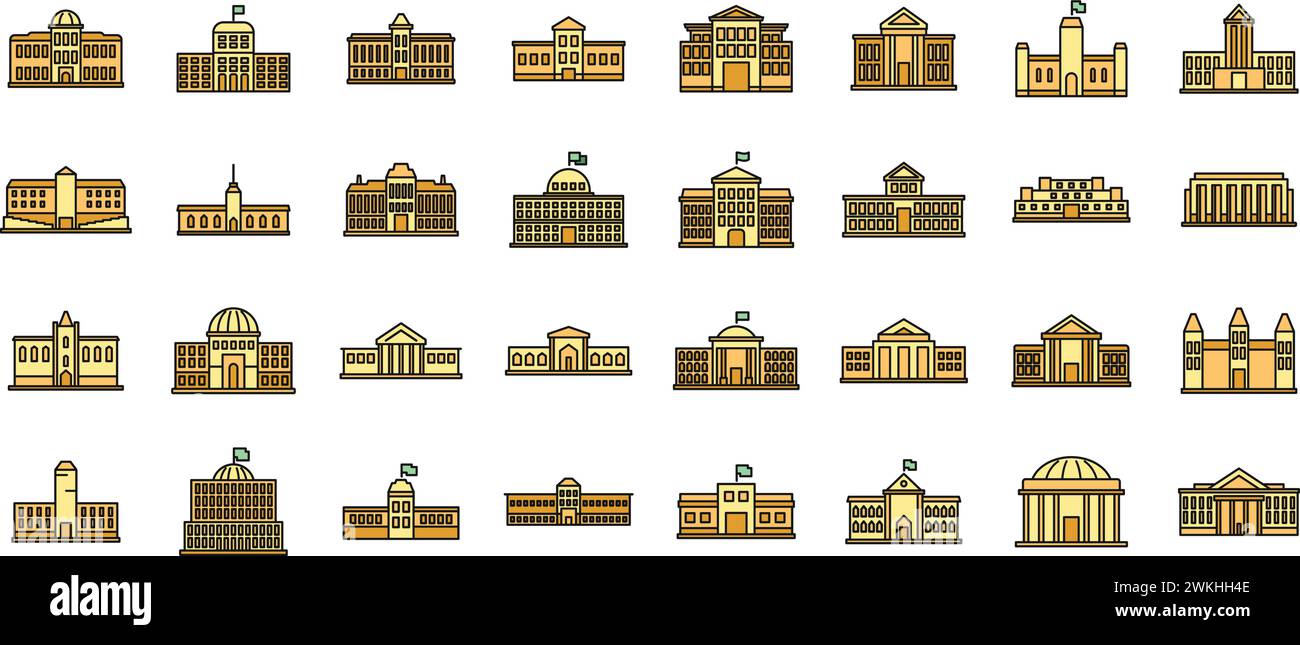Symbolsatz für Parlamentsgebäude. Kontursatz der Vektorsymbole des parlamentsgebäudes dünne Linie flach auf weiß Stock Vektor