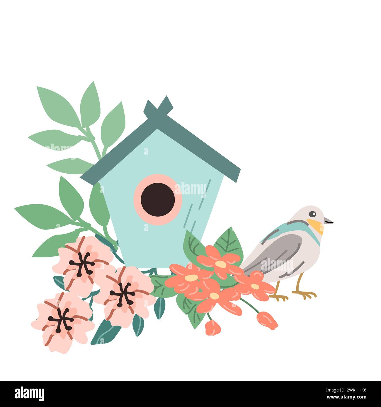 Süßer Frühlings- oder Sommervogel und blaues Vogelhaus mit Blumen. Vektordarstellung isoliert. Kann für Tapeten, Poster, Druckdesign für Stoffe verwendet werden. Stock Vektor