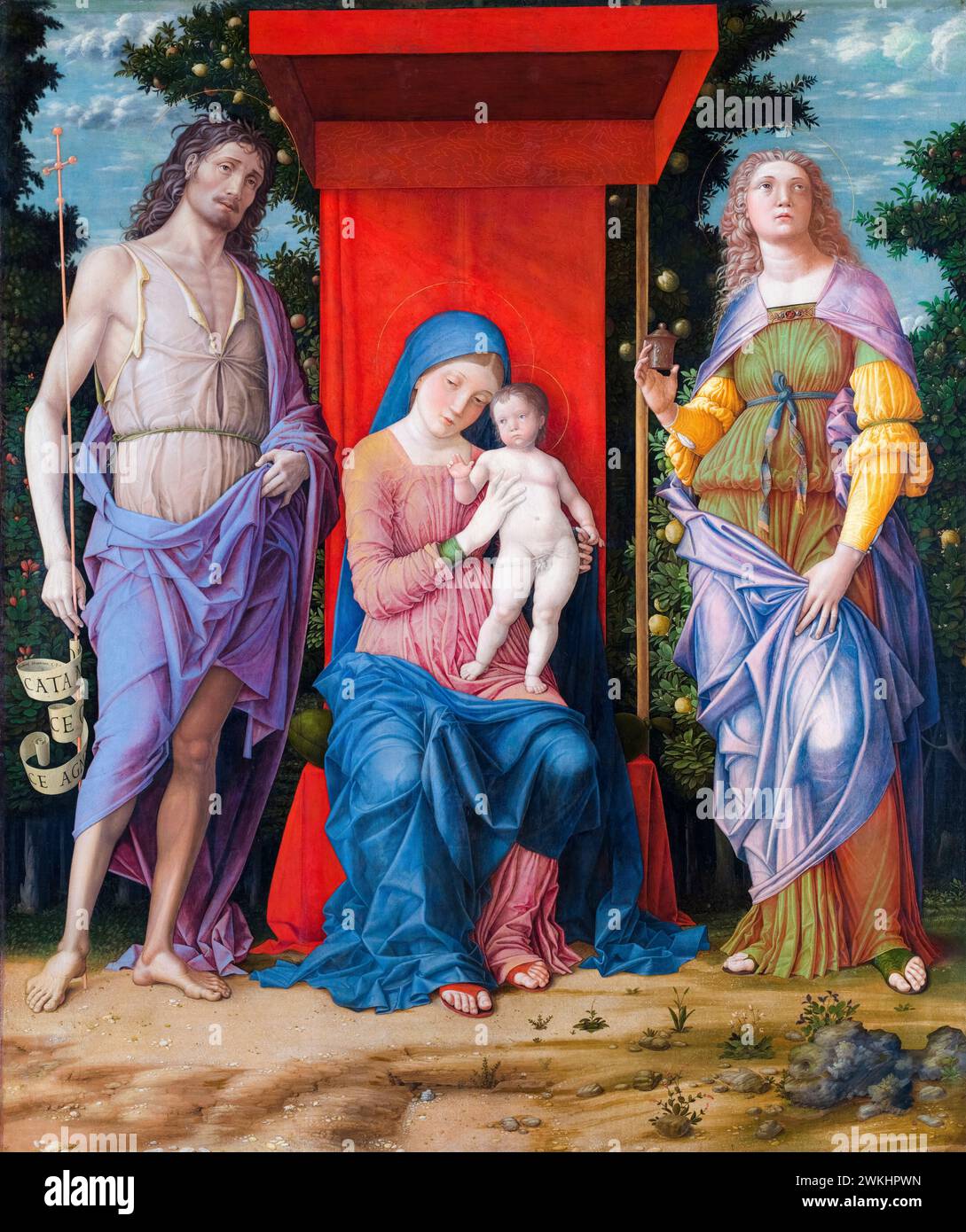 Andrea Mantegna, die Jungfrau und das Kind mit den Magdalen und dem Heiligen Johannes dem Täufer, Gemälde in Tempera auf Leinwand, 1490-1505 Stockfoto