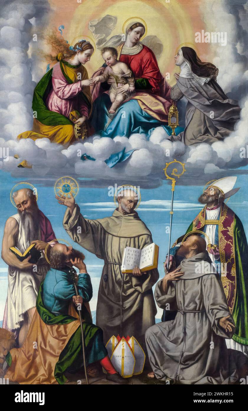 Alessandro Bonvicino nannte Moretto da Brescia Gemälde, die Jungfrau und das Kind mit dem Heiligen Bernardino und anderen Heiligen, Öl auf Leinwand, 1540-1545 Stockfoto