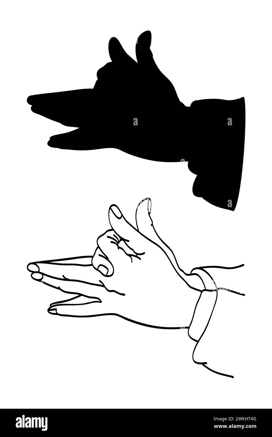 Handschatten eines Wolfes. Schattengrafie, Ombromanie oder auch Kino in Silhouette genannt, die Kunst, eine Show mit Bildern von Handschatten durchzuführen. Stockfoto
