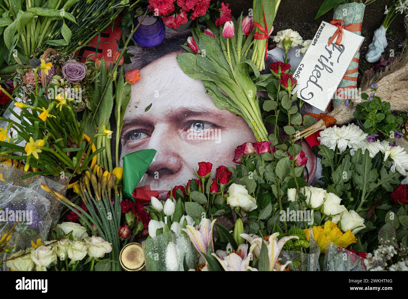 Kopenhagen, 21. Februar 2024 blüht vor der russischen Botschaft zum Gedenken an Aleksej Navalnyj Stockfoto