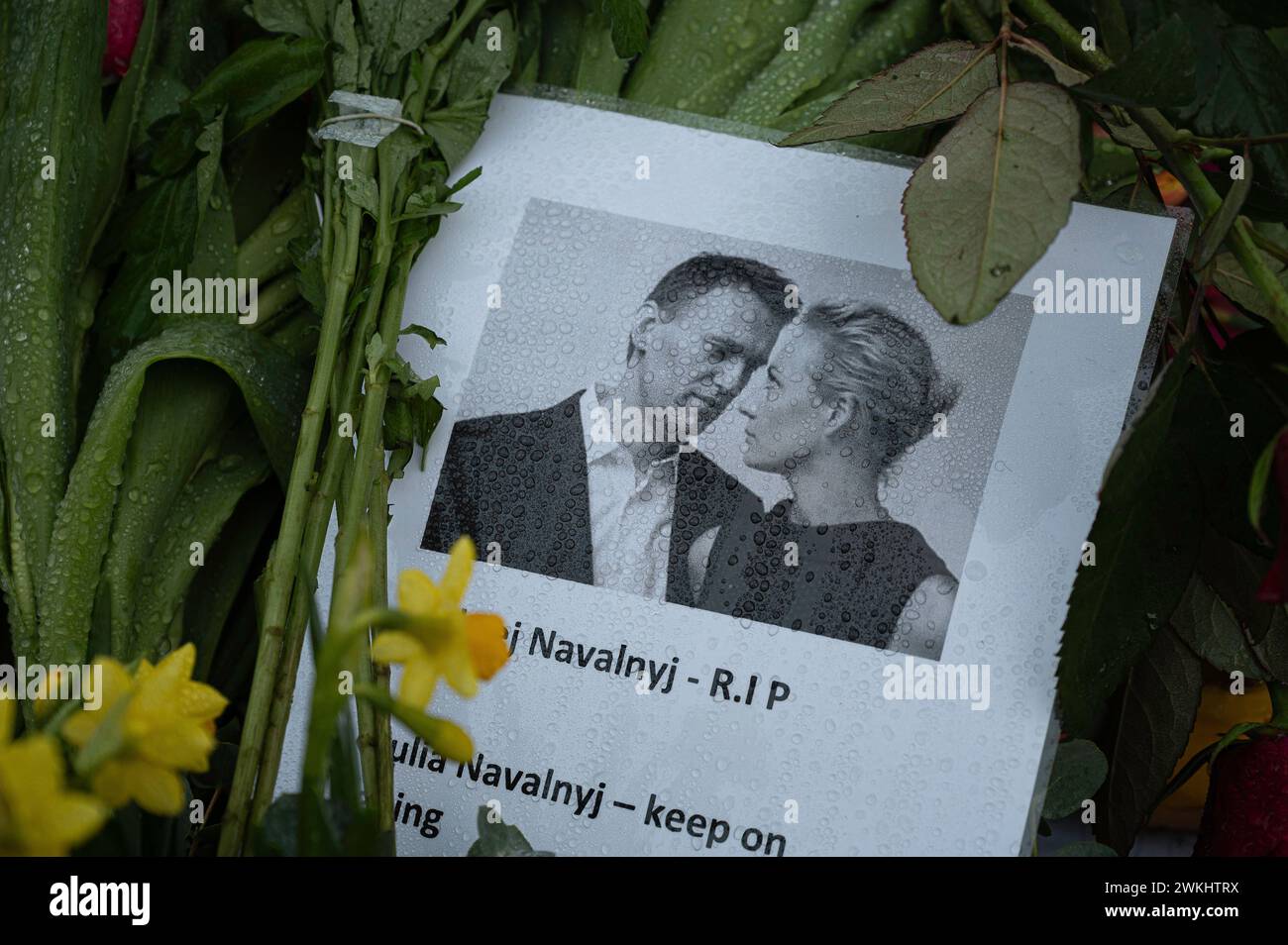 Kopenhagen, 21. Februar 2024 blüht vor der russischen Botschaft zum Gedenken an Aleksej Navalnyj Stockfoto