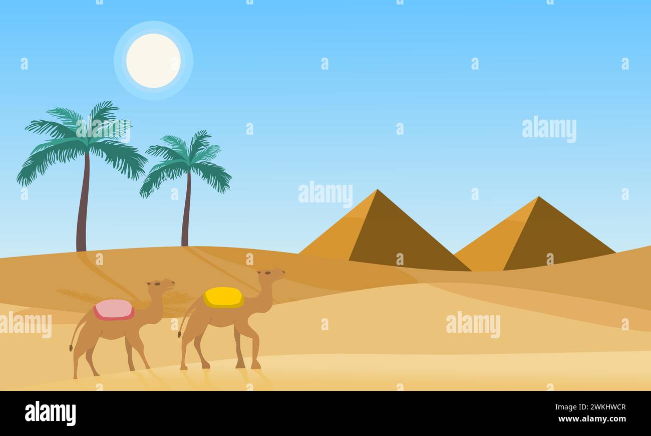 Wüstenlandschaft mit Pyramide, Kamel und Palme bei Tageslicht. Vektorabbildung. Stock Vektor
