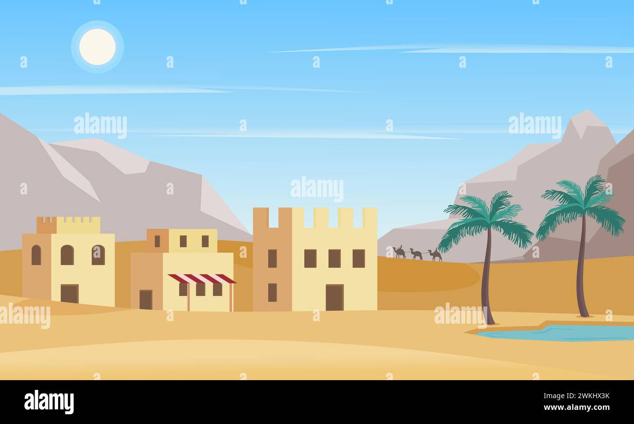 Wüstenlandschaft mit Oase, Haus und Palme bei Tageslicht. Arabische Stadt in der Wüste. Vektorabbildung. Stock Vektor