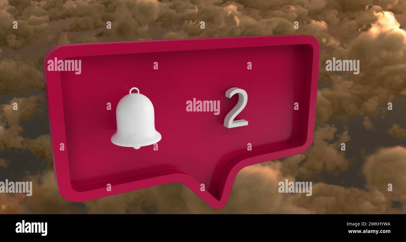 Bild des Warnsymbols mit Zahlen auf der Sprechblase über Himmel und Wolken Stockfoto