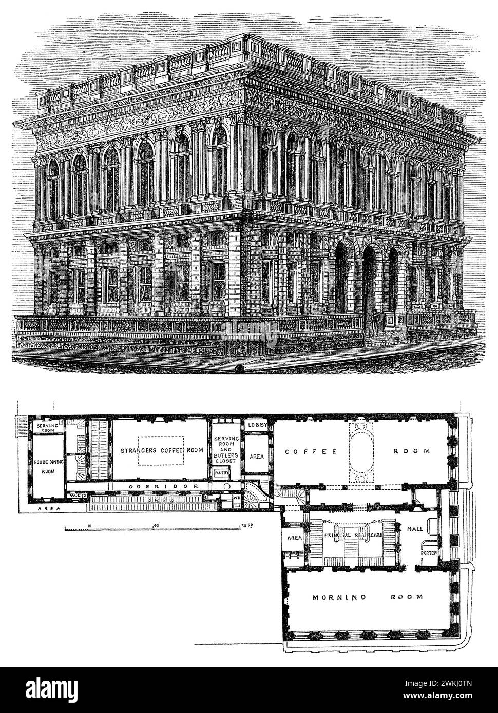 1854 Vintage Gravur des Army & Navy Club, Pall Mall, London. Stockfoto