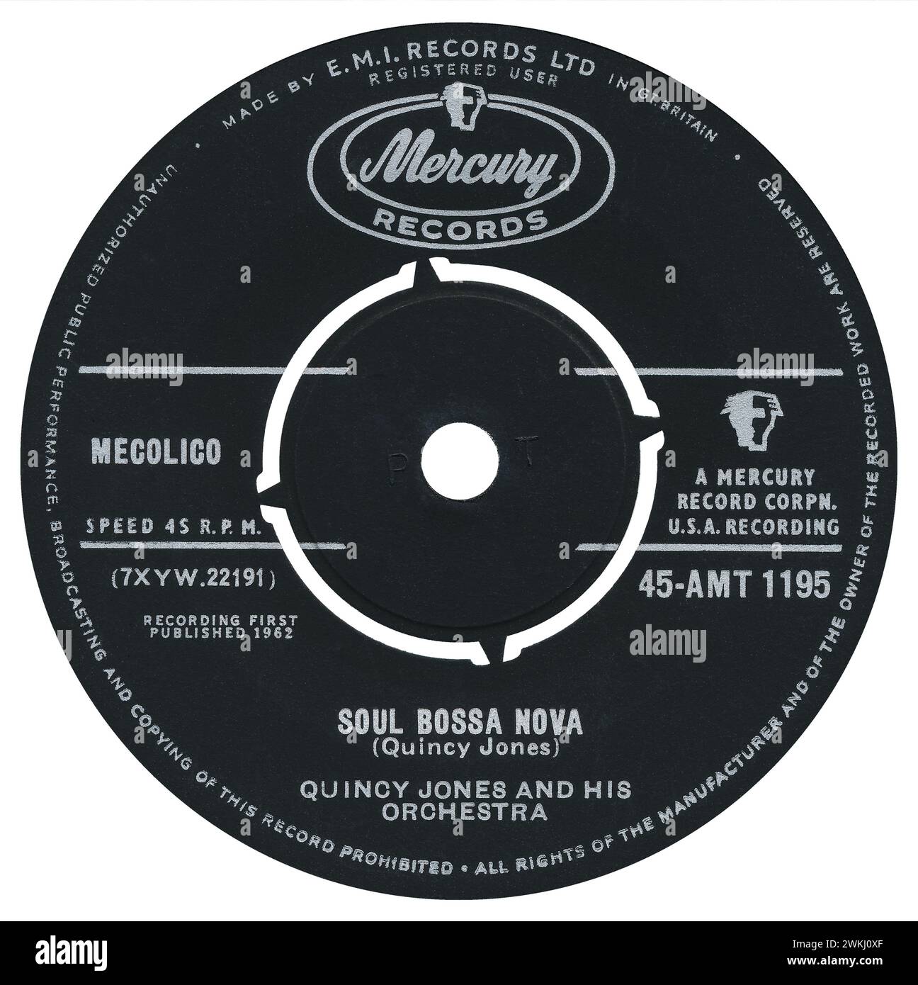 45 RPM 7' UK-Plattenlabel von Soul Bossa Nova von Quincy Jones und seinem Orchester auf dem Mercury-Label ab Dezember 1962. Geschrieben von Quincy Jones. Die charakteristische Flötenleitung stammt von Roland Kirk. Stockfoto