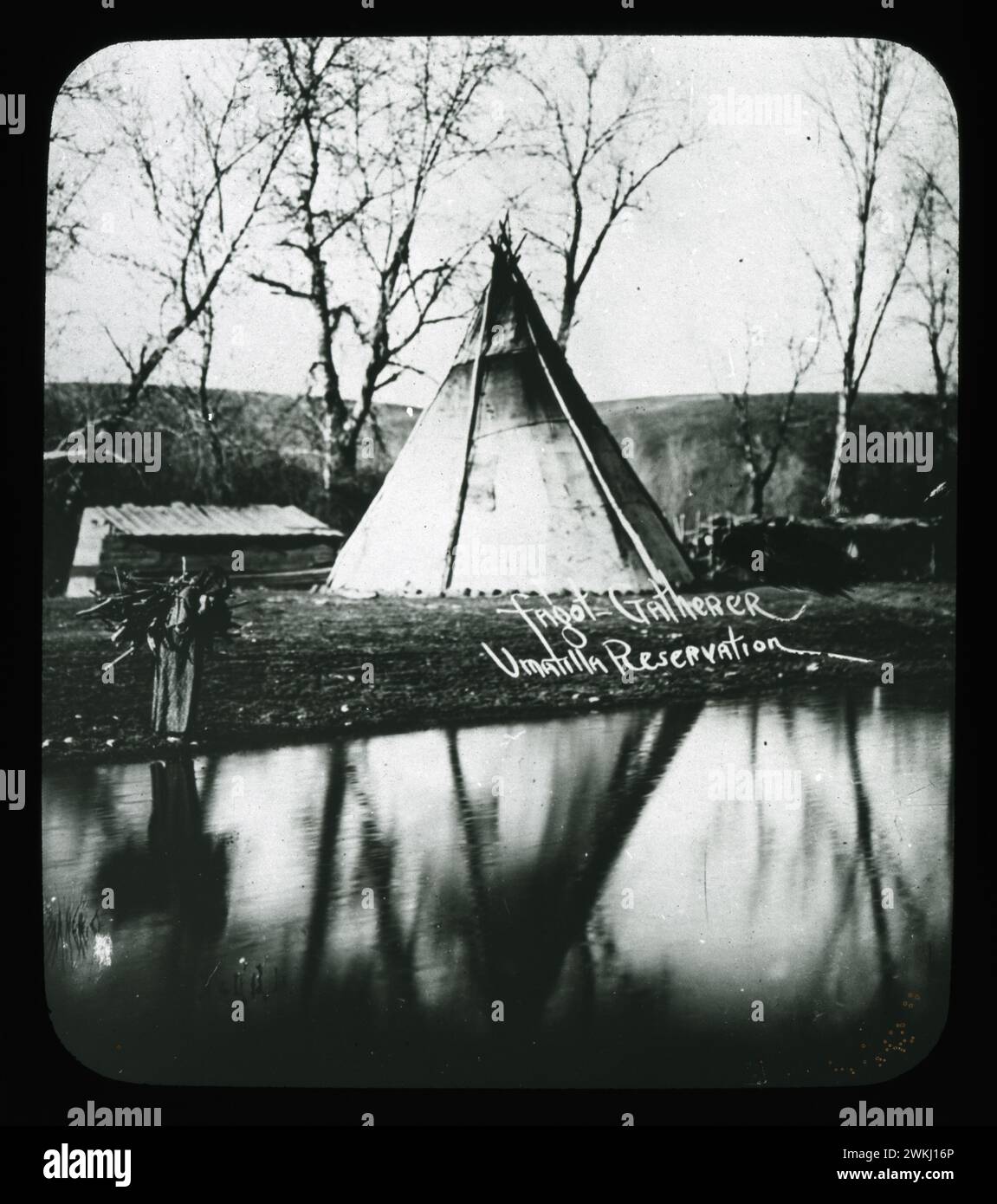 Indigene im Pazifischen Nordwesten um 1900, Foto, Tal-a-kip-she'mA's Camp. Dieser Name bedeutet im Indischen "Lazy Dog", ist aber nicht sehr charakteristisch für diese indigene Person, obwohl wir nicht lernen können, warum sie ihm gegeben wurde. Dieses Lager liegt drei Meilen über der Agency. Stockfoto