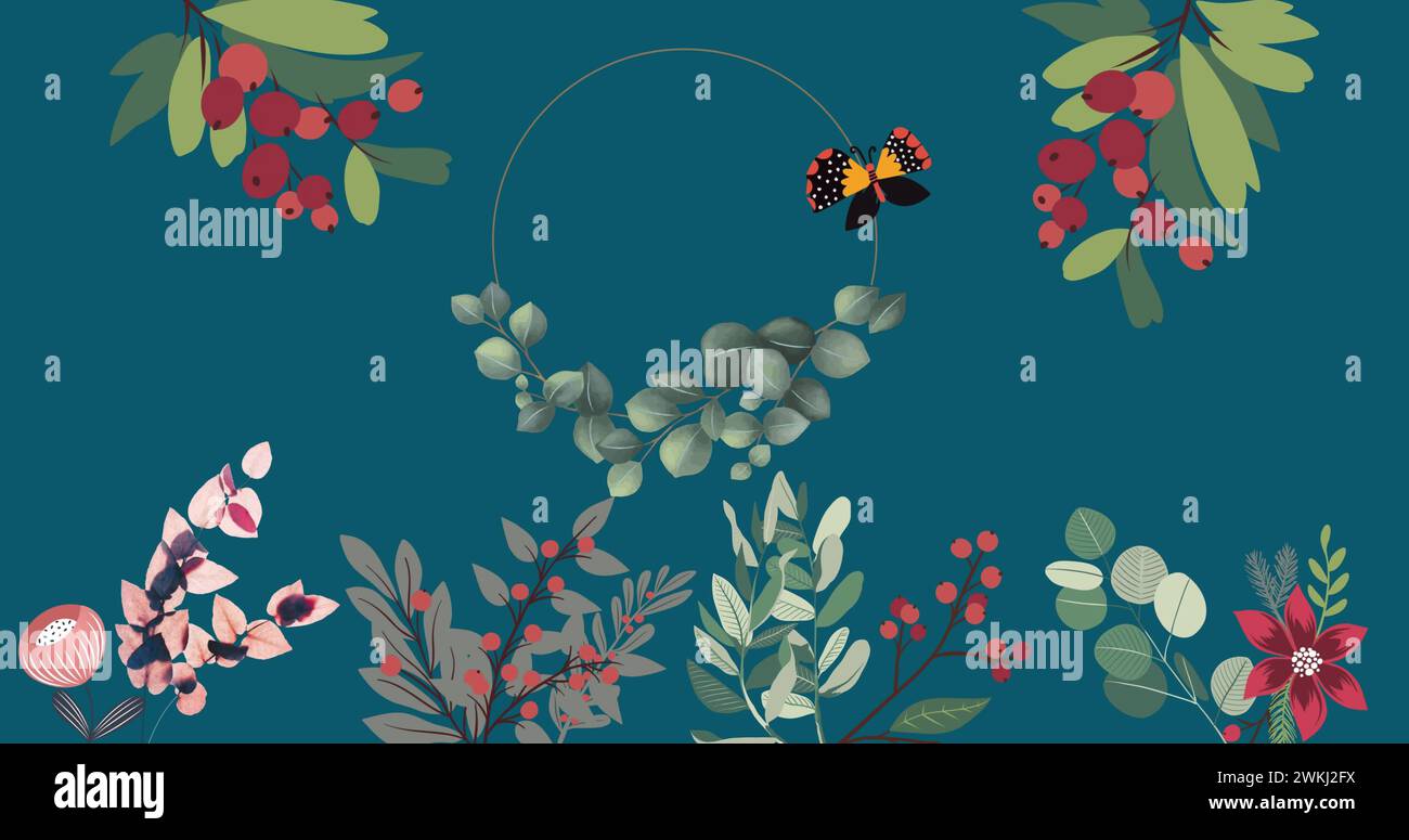 Bild von Blumen und Schmetterlingen, die sich in hypnotischer Bewegung auf blauem Hintergrund bewegen Stockfoto