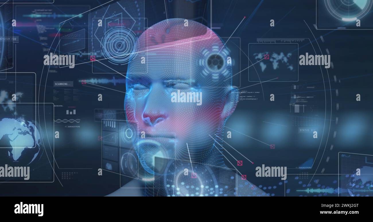 Bild des sich drehenden Modells des menschlichen Kopfes und der Datenverarbeitung auf der Schnittstelle Stockfoto