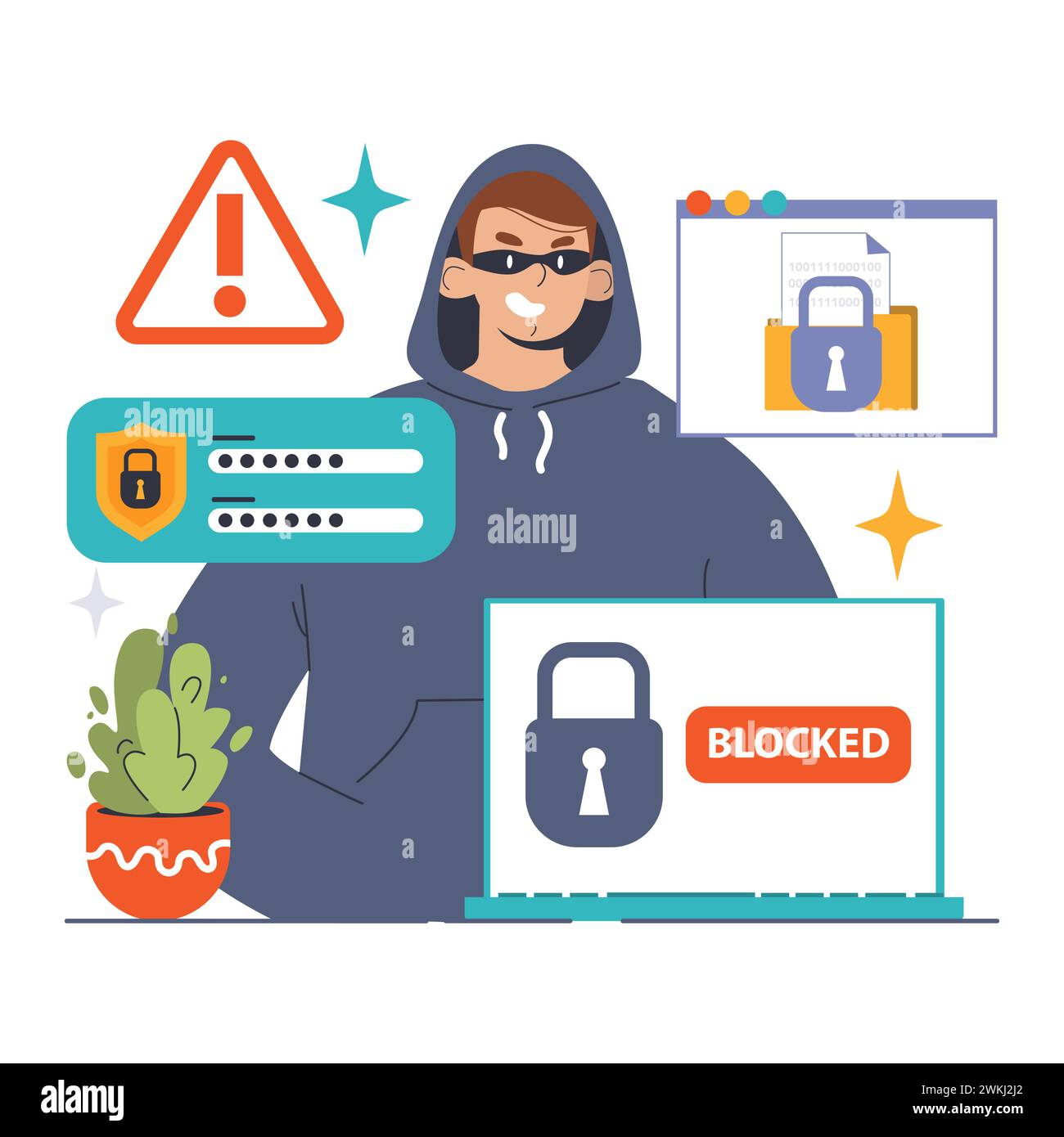 Konzept der Bedrohung durch Spyware. Watchful Eye überwacht die Benutzerdaten und betont die Risiken der Online-Überwachung und der Gefährdung der Privatsphäre. Digitale Sicherheit gewährleisten. Illustration des flachen Vektors Stock Vektor