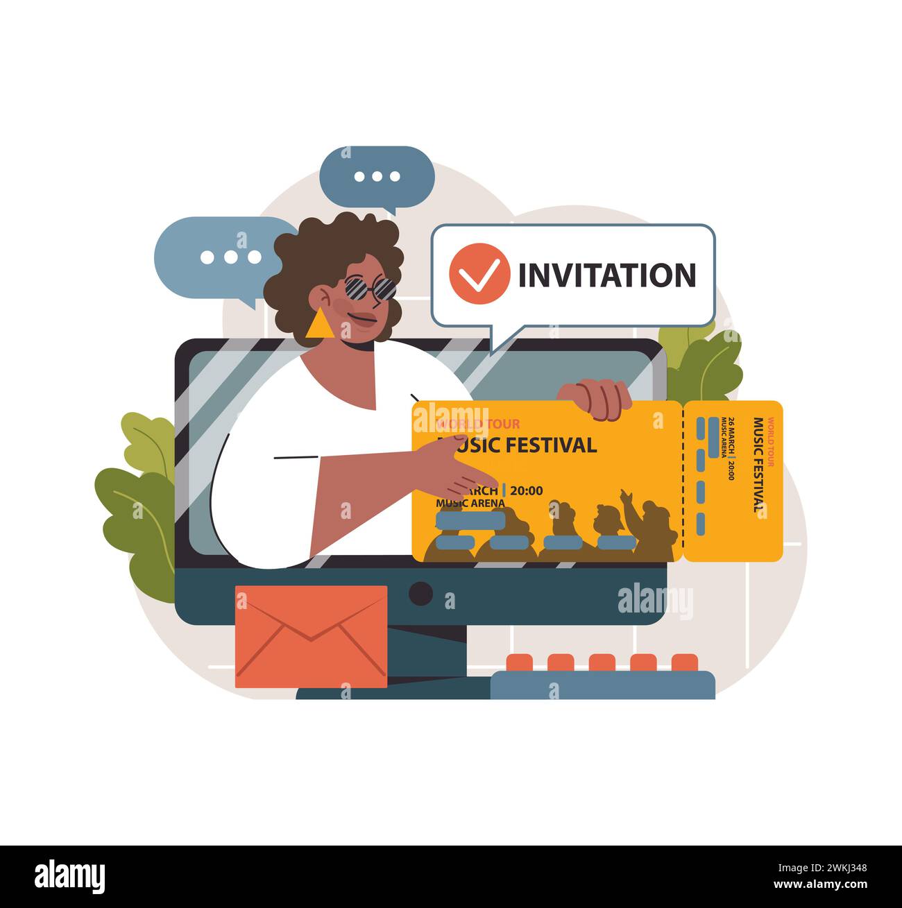 Begeisterte Fans erhalten eine Online-Einladung zum World Tour Music Festival und präsentieren ihr goldenes Ticket in Chat-Bubbles. Digitales Zeitalter trifft auf Vorfreude bei Live-Events. Illustration des flachen Vektors Stock Vektor