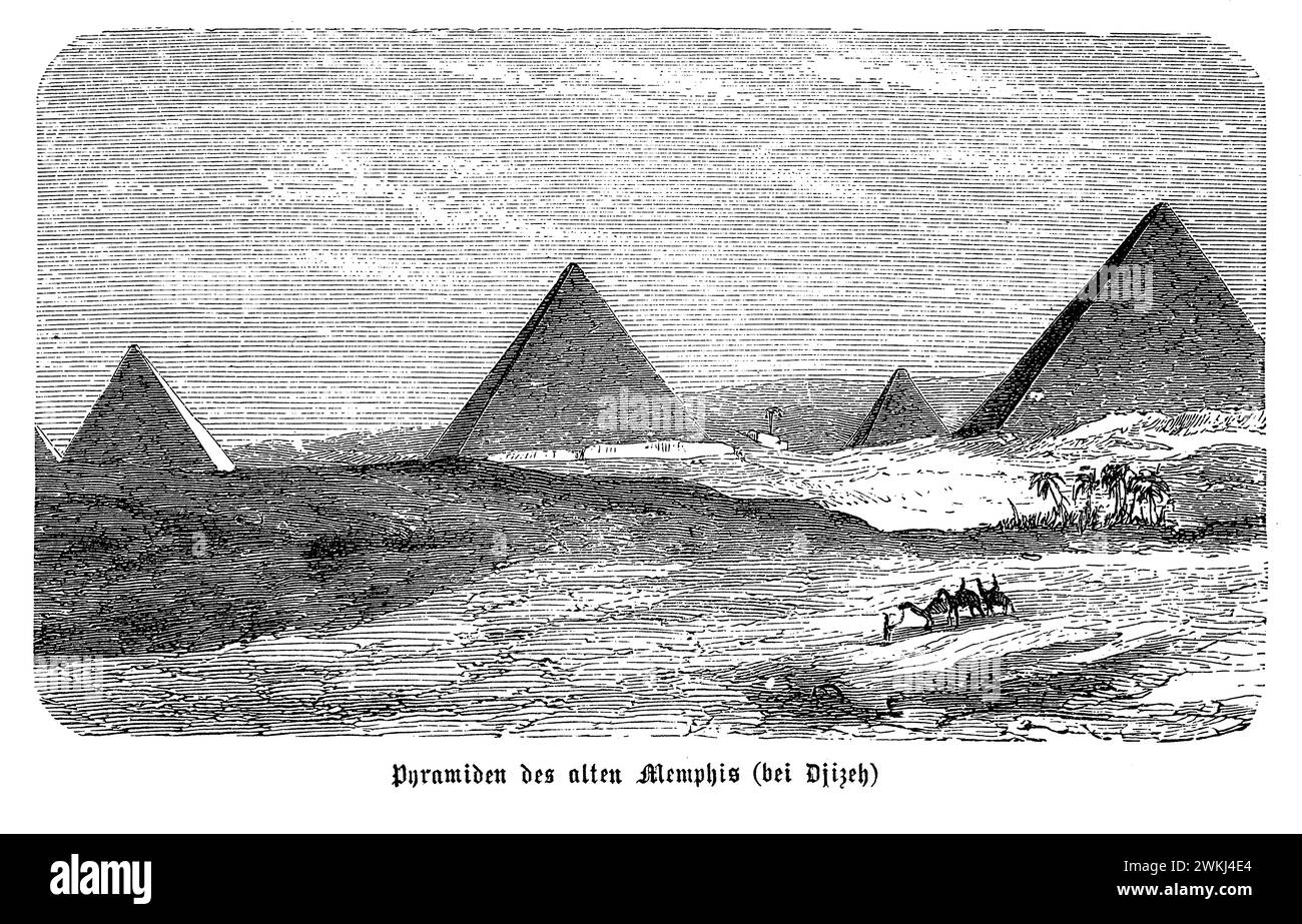 Die Pyramiden von Gizeh, Überreste des antiken Memphis, stehen als monumentale Gräber für Ägyptens Pharaonen. Diese Pyramiden, die vor über 4.500 Jahren auf dem Hochplateau von Gizeh errichtet wurden, symbolisieren das architektonische Genie der Ägypter und ihre Suche nach Unsterblichkeit. Der Komplex umfasst auch die Sphinx, ein mysteriöses Kalksteindenkmal mit dem Körper eines Löwen und dem Kopf eines Pharaos, das den Pyramidenkomplex bewacht Stockfoto