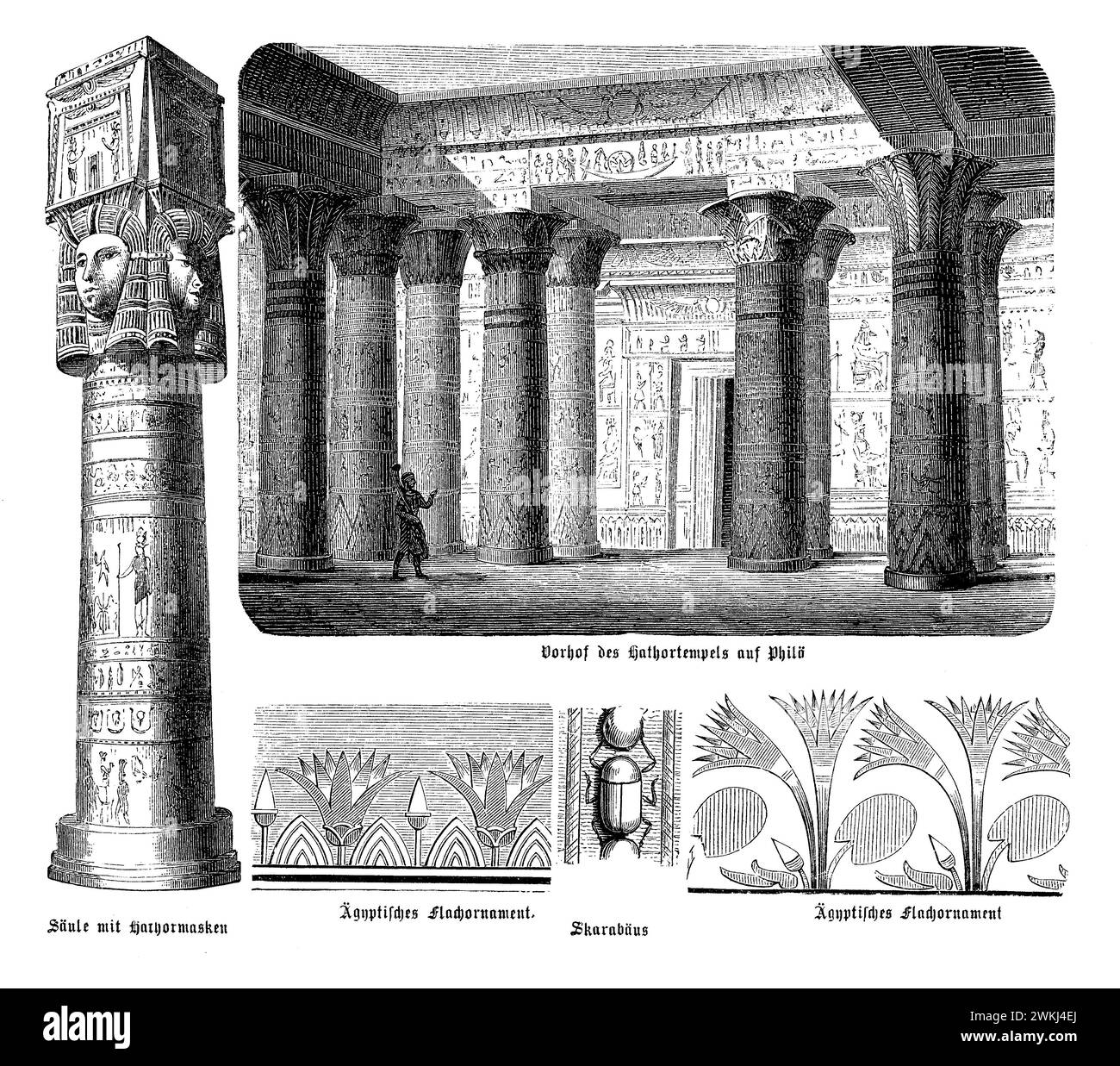 Der Tempel des Hathor in Dendera, ein atemberaubendes Beispiel späägyptischer Architektur, zeigt eine reich verzierte Struktur mit einem Schwerpunkt auf Hathors Anbetung. Der Tempel verfügt über einen weitläufigen Innenhof, der von Säulen umgeben ist, die mit den komplexen Bildern von Hathor und anderen Gottheiten verziert sind. Komplizierte flache Ornamente bedecken die Tempelwände und zeigen religiöse Rituale, mythologische Szenen und symbolische Elemente wie den Scarab, ein Symbol der Wiedergeburt und die Sonne. Dieser Tempel mit seinen detaillierten Schnitzereien und seiner historischen Bedeutung ist ein Zeugnis der religiösen und künstlerischen Errungenschaften von A Stockfoto