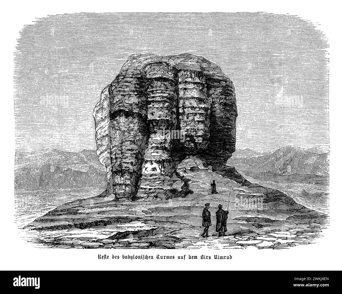 Die Überreste des Babylonischen Turms in Birs Nimrud sind ein ergreifendes Zeugnis des architektonischen Ambientes der antiken mesopotamischen Zivilisation und der dauerhaften Legende des Turms von Babel. Diese Ruinen befinden sich in der Nähe der historischen Stadt Babylon und werden von einigen als Stätte des biblischen Turms von Babel angesehen, ein Symbol menschlicher Sehnsucht und göttlicher Vergeltung. Obwohl heute in erster Linie ein Hügel aus Schutt und Überresten ist, fängt der Ort die Fantasie ein und bietet Einblicke in alte Ingenieurskunst, religiöse Praktiken und mythologische Erzählungen, die die menschliche Kultur geprägt haben Stockfoto